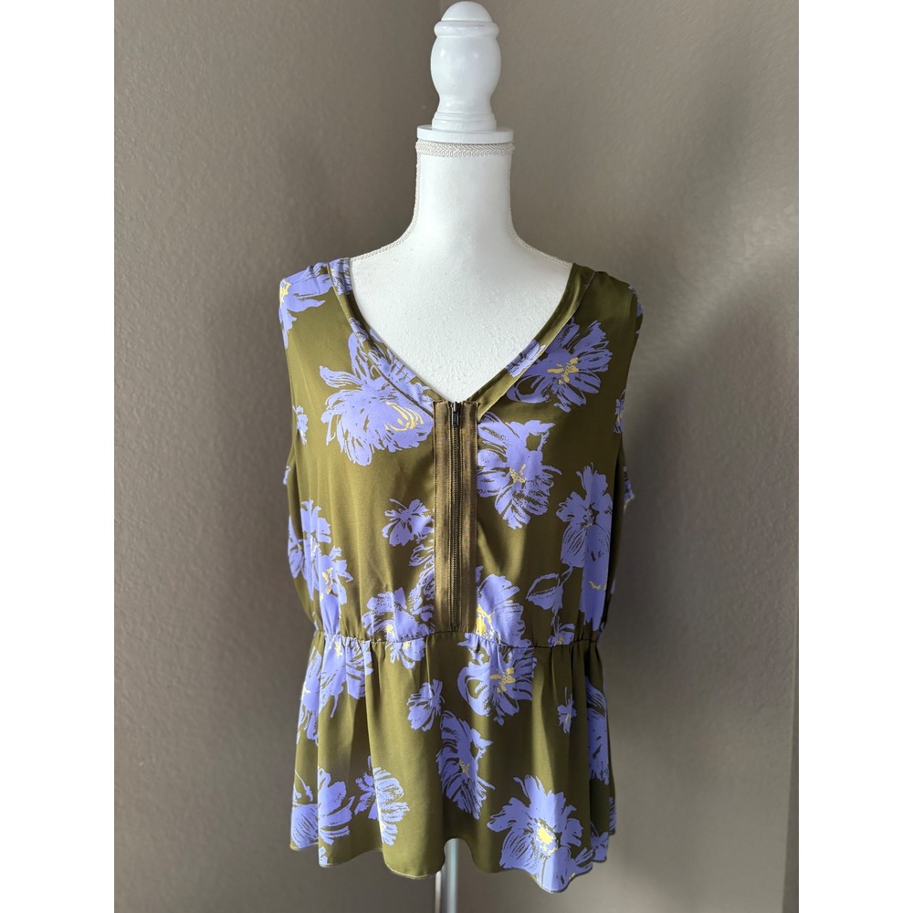 Cabi Clothing Blouse Womens Large Olive Purple Floral Zip Peplum Tank Top